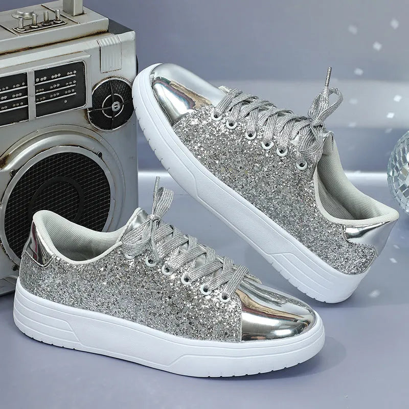 Glitter Sequin Design Flats Shoes Women Trendy Casual Thick-soled Lace-up Sneakers Fashion Skateboard Shoes - Bellarte Enchanté Glitter Sequin Design Flats Shoes Women Trendy Casual Thick-soled Lace-up Sneakers Fashion Skateboard Shoes